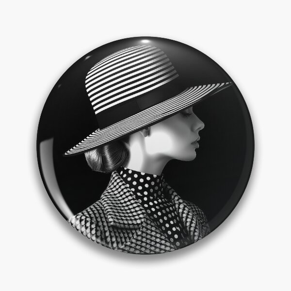 Item preview, Elegant Woman in Striped Wide Brim Hat Black and White Fashion Portrait designed and sold by inkoutninja.