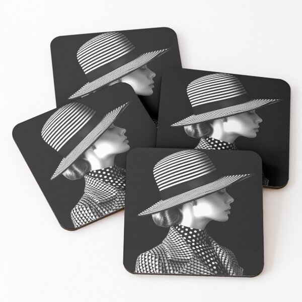 Item preview, Elegant Woman in Striped Wide Brim Hat Black and White Fashion Portrait designed and sold by inkoutninja.