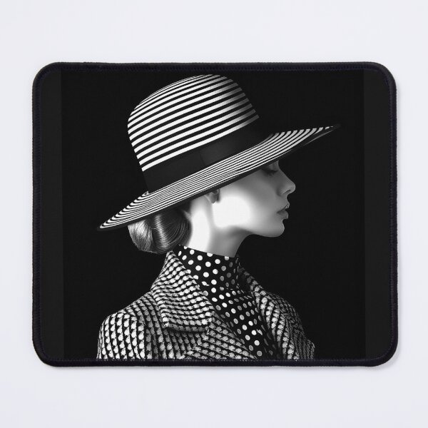 Item preview, Elegant Woman in Striped Wide Brim Hat Black and White Fashion Portrait designed and sold by inkoutninja.