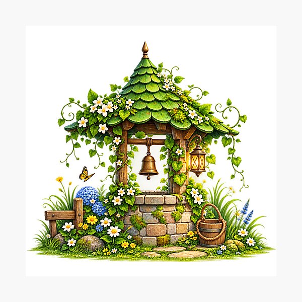 Item preview, Enchanted Garden Well with Green Leaf Roof, Flowers, Lantern and Bell designed and sold by Reshmakhan.
