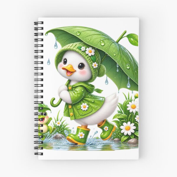 Item preview, Cute Duckling in Green Raincoat with Frog Under Leaf Umbrella, Rainy Day designed and sold by Reshmakhan.