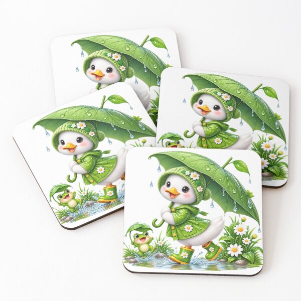 Item preview, Cute Duckling in Green Raincoat with Frog Under Leaf Umbrella, Rainy Day designed and sold by Reshmakhan.