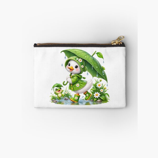 Item preview, Cute Duckling in Green Raincoat with Frog Under Leaf Umbrella, Rainy Day designed and sold by Reshmakhan.