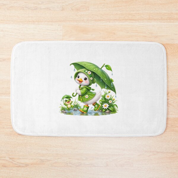 Item preview, Cute Duckling in Green Raincoat with Frog Under Leaf Umbrella, Rainy Day designed and sold by Reshmakhan.