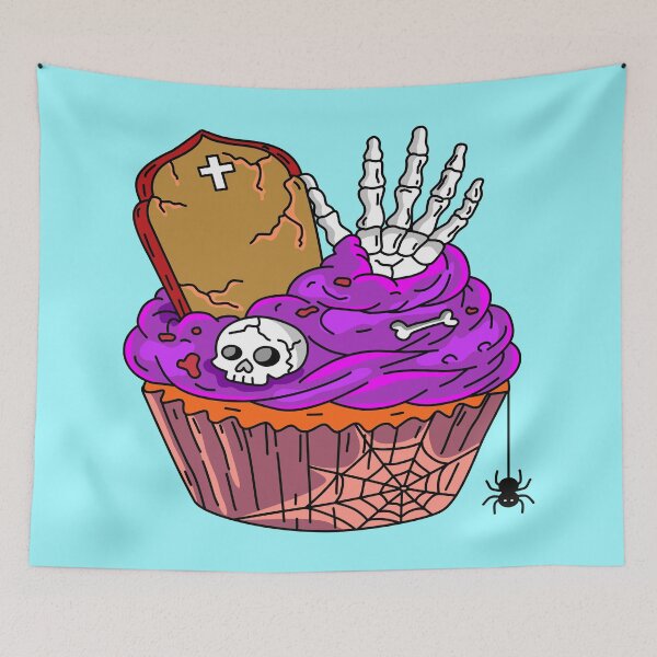 Item preview, Festive Halloween Bakery Graveyard Cupcake with Purple Frosting Skeleton Hand Gravestone Cross and Spider Graphic designed and sold by RS4you.