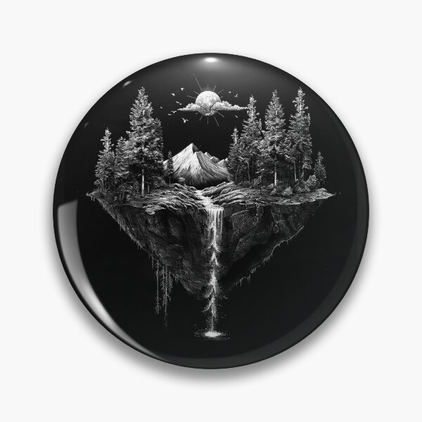Item preview, Floating Mountain Forest Island with Waterfall Black and White Nature Art designed and sold by inkoutninja.