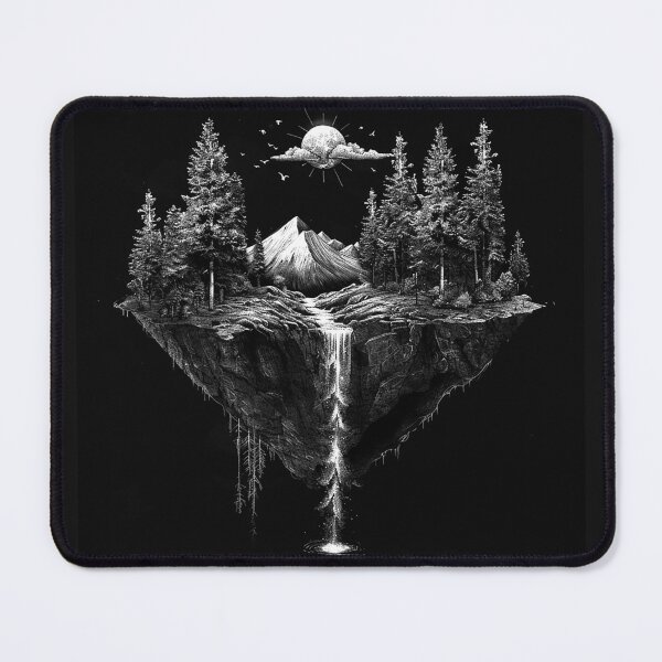 Item preview, Floating Mountain Forest Island with Waterfall Black and White Nature Art designed and sold by inkoutninja.