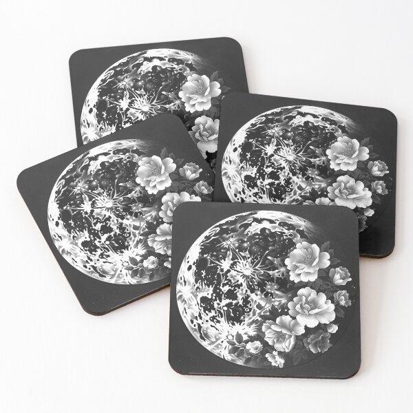 Item preview, Full Moon with Flowers Celestial Botanical Black and White Art Design designed and sold by inkoutninja.