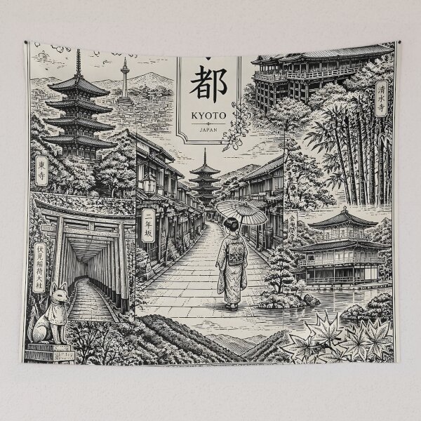 Item preview, Vintage Kyoto Japan Landscape Architecture Collage Woodcut Art designed and sold by GrinGalore.