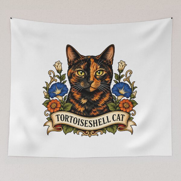 Item preview, Tortoiseshell Cat Vintage Botanical Tattoo Art designed and sold by Old's Cool Cat Studio.