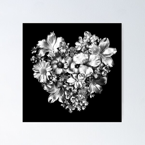 Item preview, Floral Heart Bouquet Black and White Botanical Love Art Design designed and sold by inkoutninja.