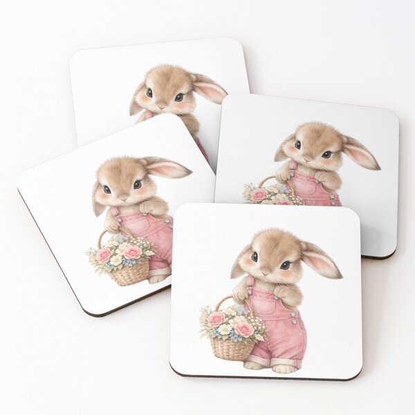 Item preview, Cute Bunny with Flower Basket in Pink Overalls designed and sold by     Sela Art .