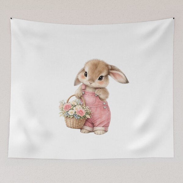 Item preview, Cute Bunny with Flower Basket in Pink Overalls designed and sold by     Sela Art .