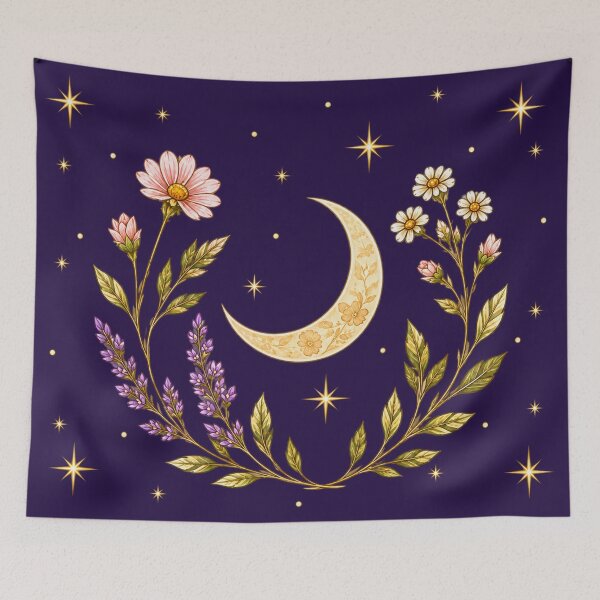 Item preview, Moon Phase Celestial Botanical Night Sky in Purple  designed and sold by Build Strong Vibes.