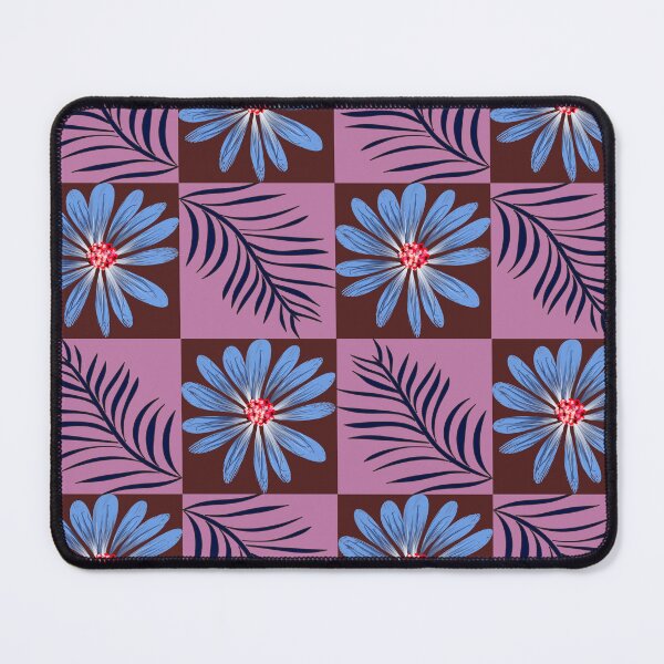 Item preview, Blue daisy flower and tropical palm leaves seamless pattern on checkered background designed and sold by AdesignbyG.