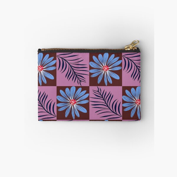 Item preview, Blue daisy flower and tropical palm leaves seamless pattern on checkered background designed and sold by AdesignbyG.