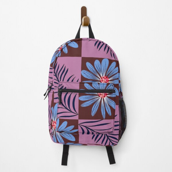 Item preview, Blue daisy flower and tropical palm leaves seamless pattern on checkered background designed and sold by AdesignbyG.