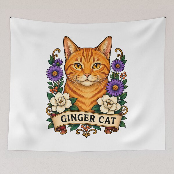 Item preview, Ginger Cat Vintage Floral Tattoo Art designed and sold by Old's Cool Cat Studio.