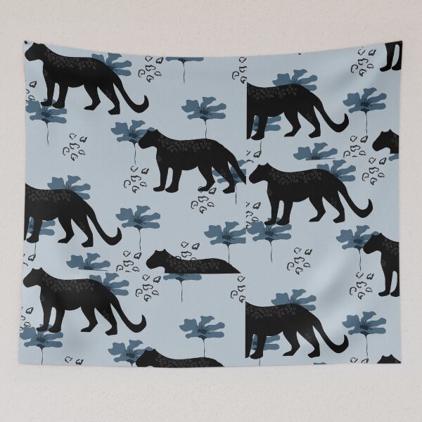 Item preview, ​Black Panther & Floral Pattern | Blue Botanical Wildlife Art designed and sold by  Boho Vibes Studio.