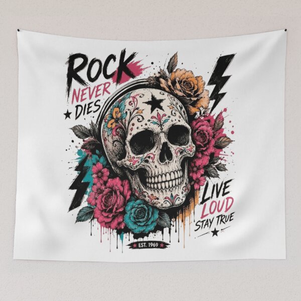 Item preview, Rock Never Dies Sugar Skull with Roses and Lightning designed and sold by victorstudioart.