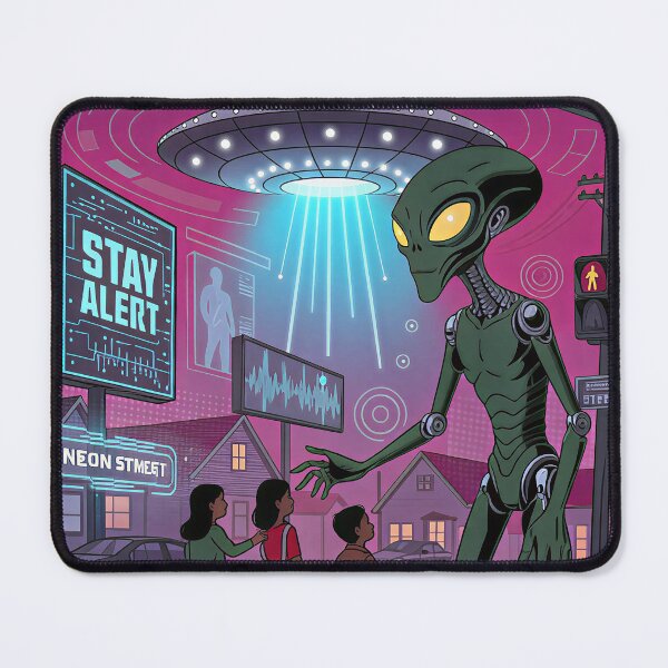 Item preview, "Don't Trust Aliens! Retro-Futuristic Neon Safety Poster | Cyberpunk Sci-Fi Parody Art for UFO & Tech Lovers" designed and sold by CHRONIN.