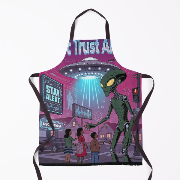 Item preview, "Don't Trust Aliens! Retro-Futuristic Neon Safety Poster | Cyberpunk Sci-Fi Parody Art for UFO & Tech Lovers" designed and sold by CHRONIN.