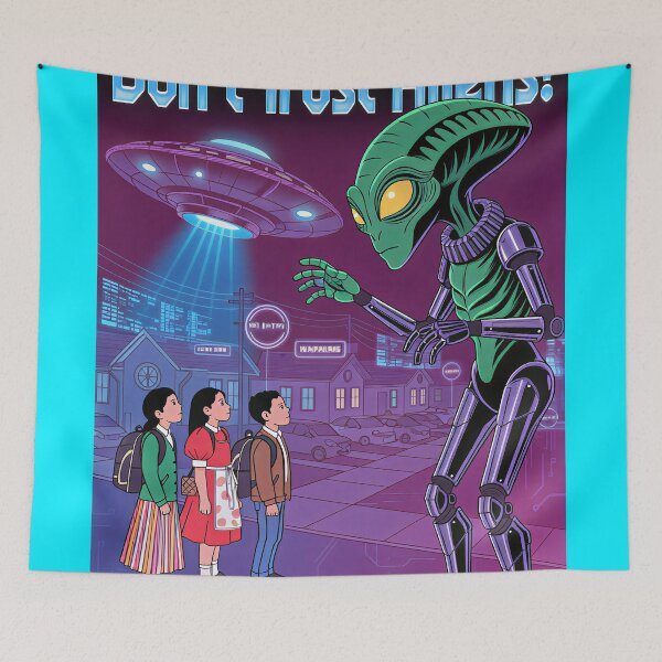 Item preview, "Don’t Trust Aliens! Cyberpunk Safety Poster – Robotic Alien & UFO Warning Art | Futuristic Sci-Fi Illustration for Tech & Nostalgia Lovers" designed and sold by CHRONIN.