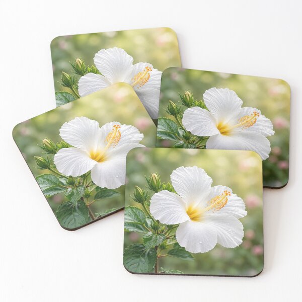 Item preview, White Hibiscus Flower with Dew Drops and Soft Garden Bokeh designed and sold by Wild Bloom Paws.