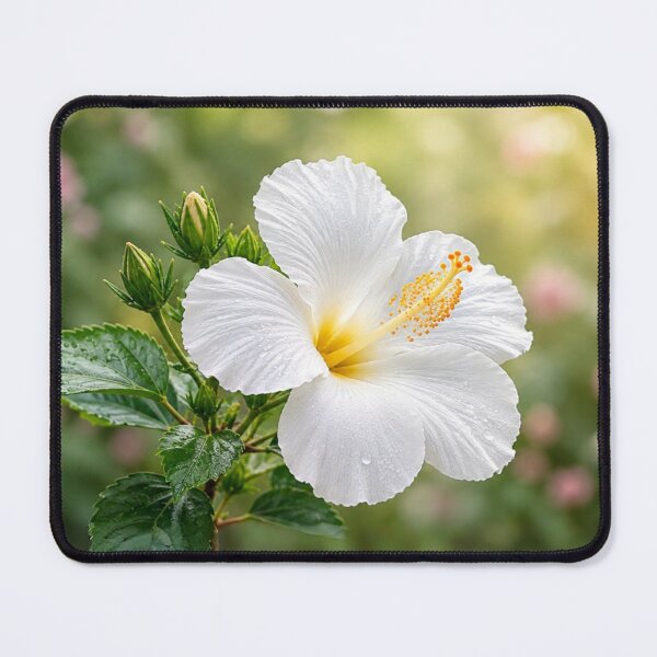 Item preview, White Hibiscus Flower with Dew Drops and Soft Garden Bokeh designed and sold by Wild Bloom Paws.