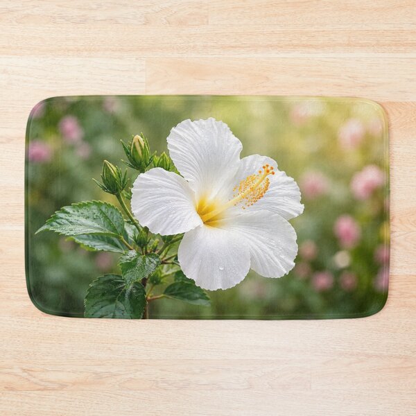 Item preview, White Hibiscus Flower with Dew Drops and Soft Garden Bokeh designed and sold by Wild Bloom Paws.