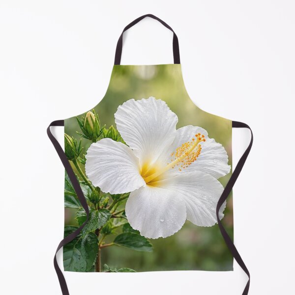 Item preview, White Hibiscus Flower with Dew Drops and Soft Garden Bokeh designed and sold by Wild Bloom Paws.