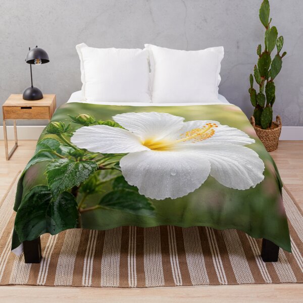 Item preview, White Hibiscus Flower with Dew Drops and Soft Garden Bokeh designed and sold by Wild Bloom Paws.