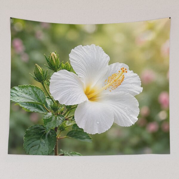 Item preview, White Hibiscus Flower with Dew Drops and Soft Garden Bokeh designed and sold by Wild Bloom Paws.