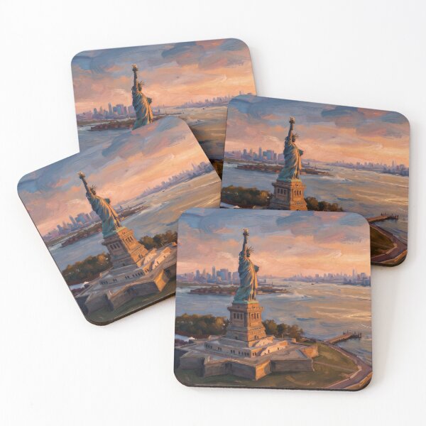 Item preview, Statue of Liberty at Golden Sunset Harbor designed and sold by RedPeaStudio.