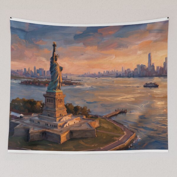 Item preview, Statue of Liberty at Golden Sunset Harbor designed and sold by RedPeaStudio.