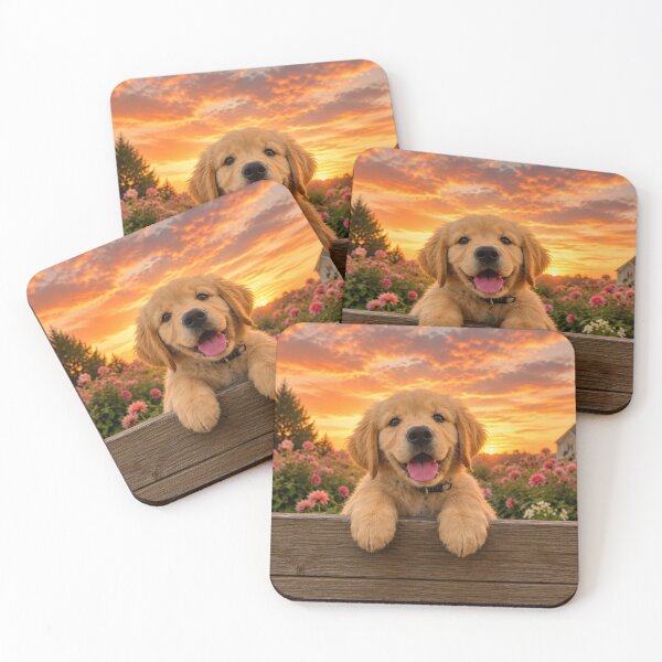 Item preview, Golden Retriever Puppy in a Flower Garden at Sunset designed and sold by Wild Bloom Paws.