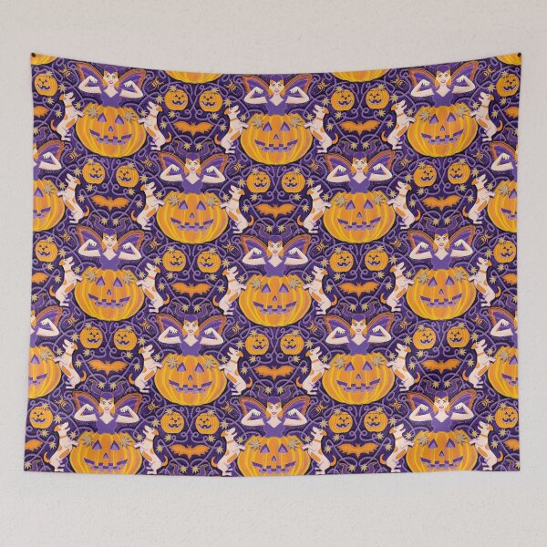 Item preview, Woman dressed as a devil emerging from a pumpkin plays with her dogs, purple designed and sold by WONDERPRINTVALLEY.