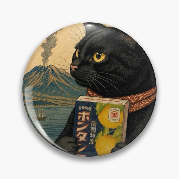 Item preview, Vintage Japanese Ukiyo-e Cat with Volcano and Bontan Ame designed and sold by Komatoya.
