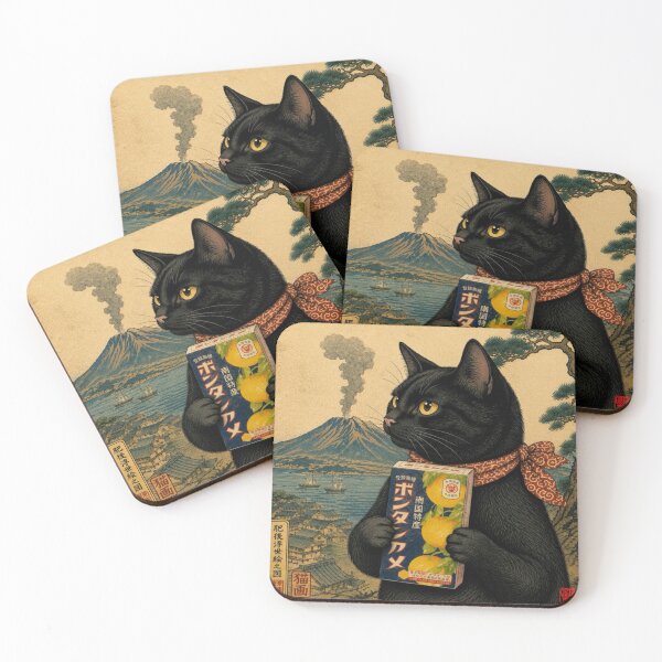 Item preview, Vintage Japanese Ukiyo-e Cat with Volcano and Bontan Ame designed and sold by Komatoya.