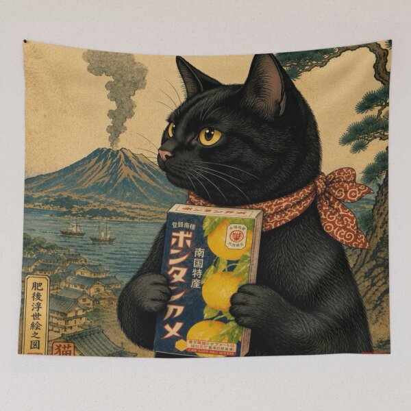 Item preview, Vintage Japanese Ukiyo-e Cat with Volcano and Bontan Ame designed and sold by Komatoya.