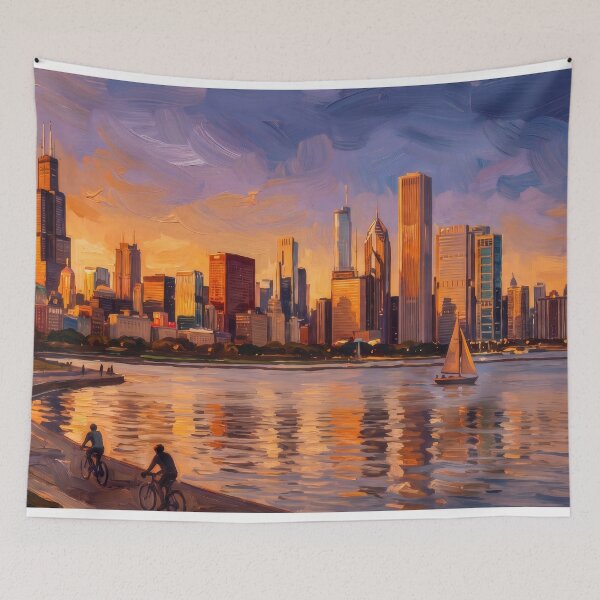 Item preview, Chicago Skyline Glowing Over Lake Michigan designed and sold by RedPeaStudio.