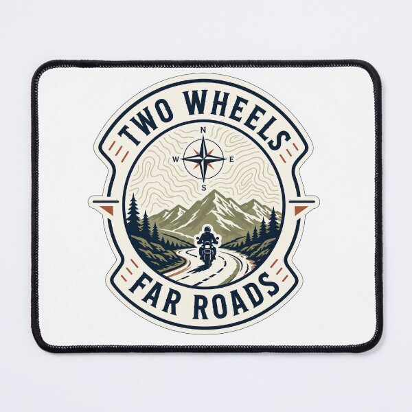 Item preview, Two Wheels Far Roads Adventure Motorcycle Badge designed and sold by TorqueTheoryLab.