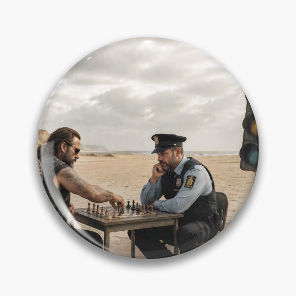 Item preview, A rocker and a police officer are playing chess in a dune landscape while a vulture perches on an old traffic light designed and sold by Per-Madsen.