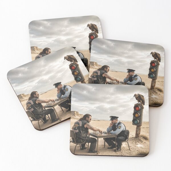 Item preview, A rocker and a police officer are playing chess in a dune landscape while a vulture perches on an old traffic light designed and sold by Per-Madsen.