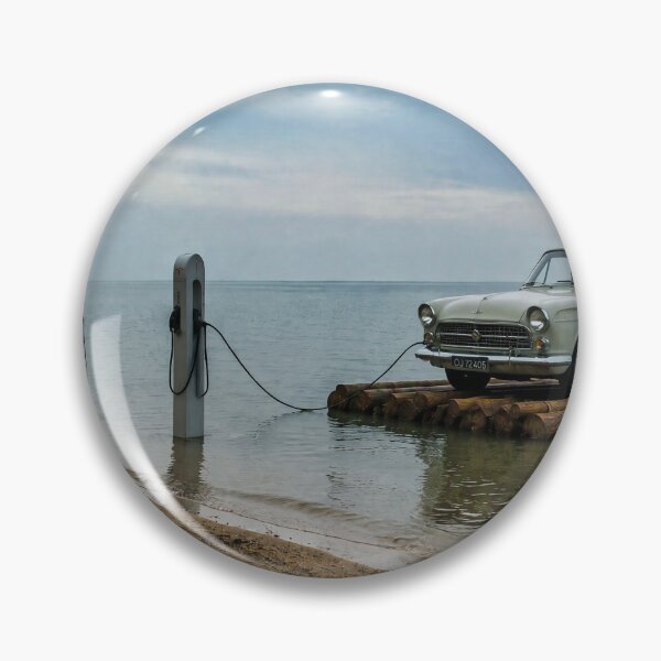 Item preview, A vintage car on a floating wooden raft, connected to a charging station designed and sold by Per-Madsen.