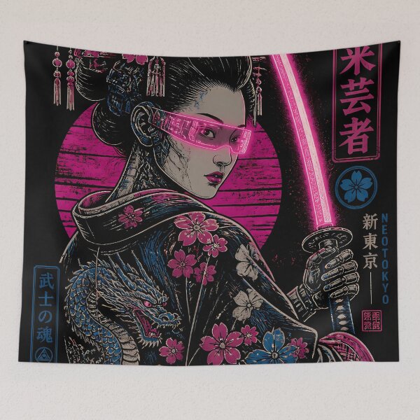 Item preview, Cyberpunk Japanese Ninja Geisha Katana Samurai Neon Ukiyo-e Tokyo Girl designed and sold by GrinGalore.