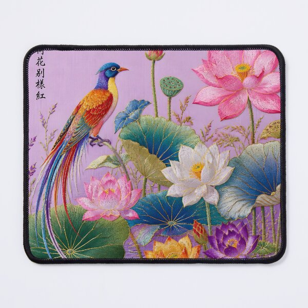 Item preview, Chinese Silk Embroidery Lotus Flowers Colorful Bird Botanical Art designed and sold by GrinGalore.