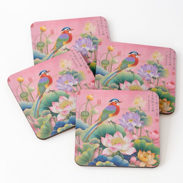 Item preview, Chinese Silk Embroidery Lotus Flowers Pink Bird Botanical Art designed and sold by GrinGalore.