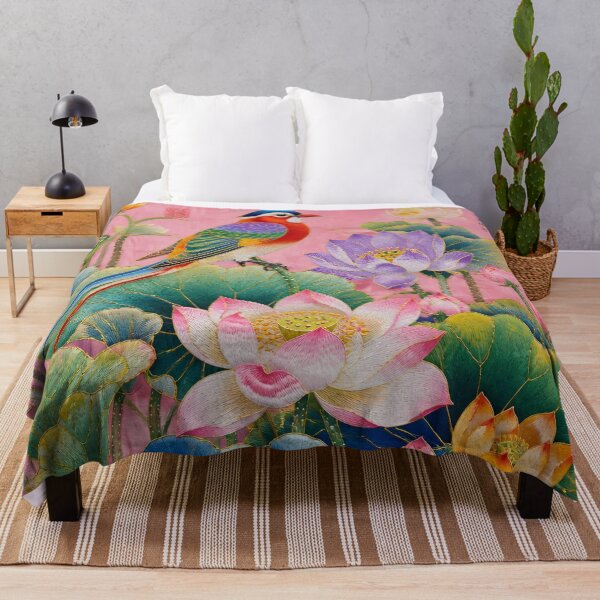 Item preview, Chinese Silk Embroidery Lotus Flowers Pink Bird Botanical Art designed and sold by GrinGalore.