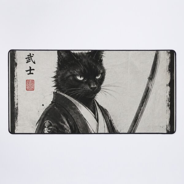 Item preview, Japanese Black Cat Ninja Samurai Katana Sumi-e Ink Wash Art designed and sold by GrinGalore.